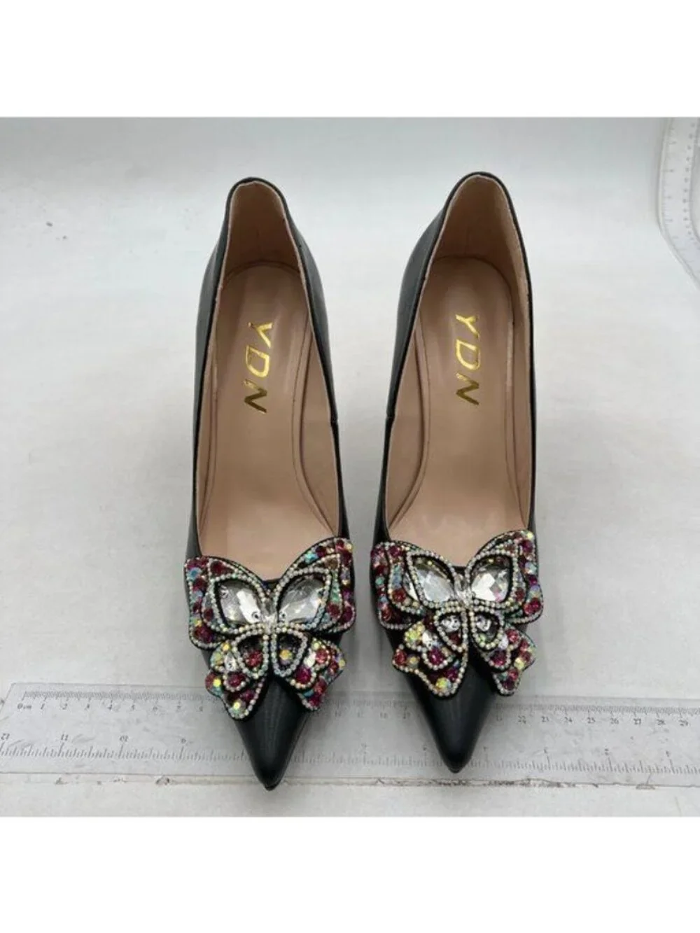 YDN Women Bow Pump Butterfly Slip on Rhinestone Chunky High Heels Fashion Black